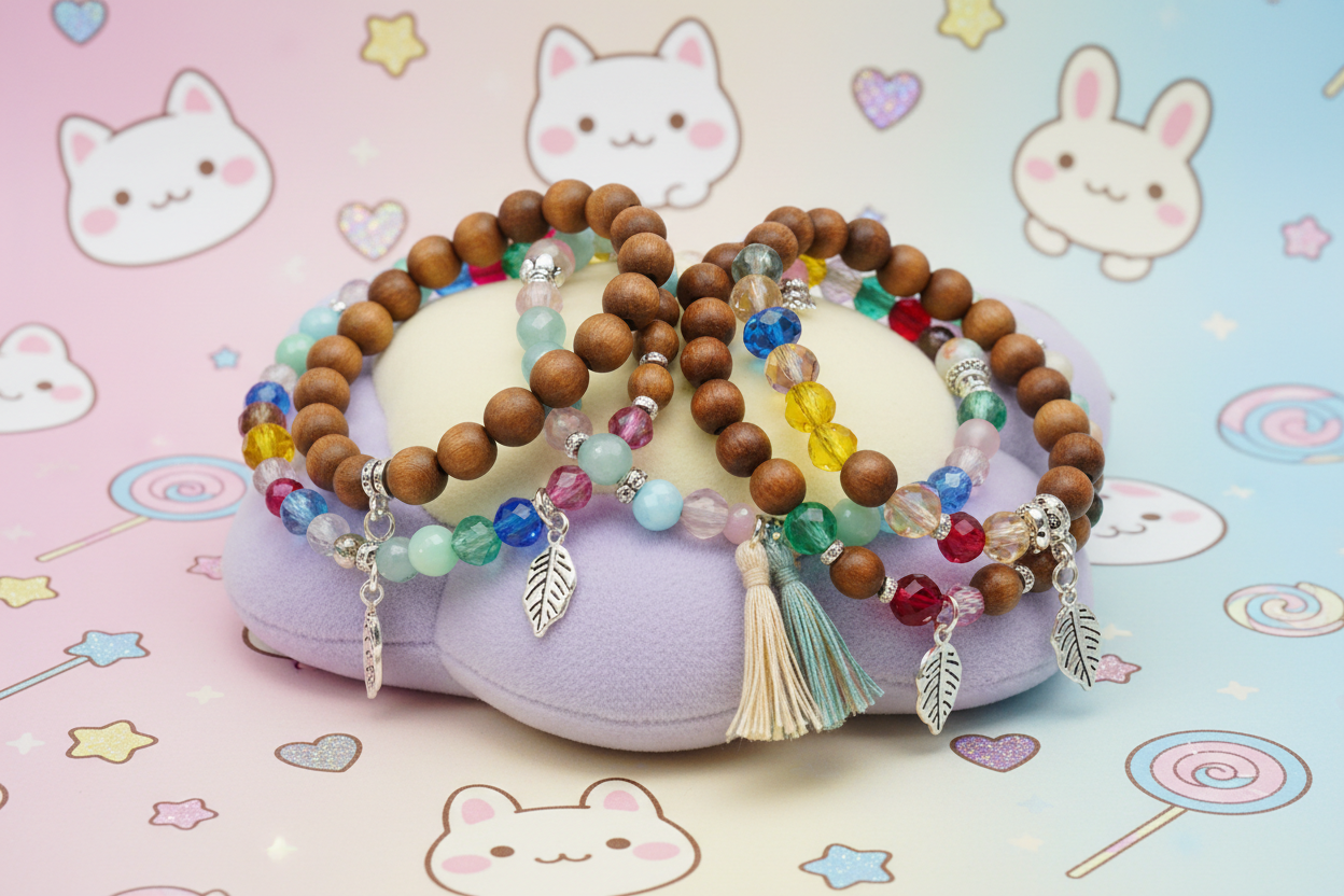 diverse armbänder aus Holz und Glasperlen, schön dekoriert vor einem Kawaii Hintergrund